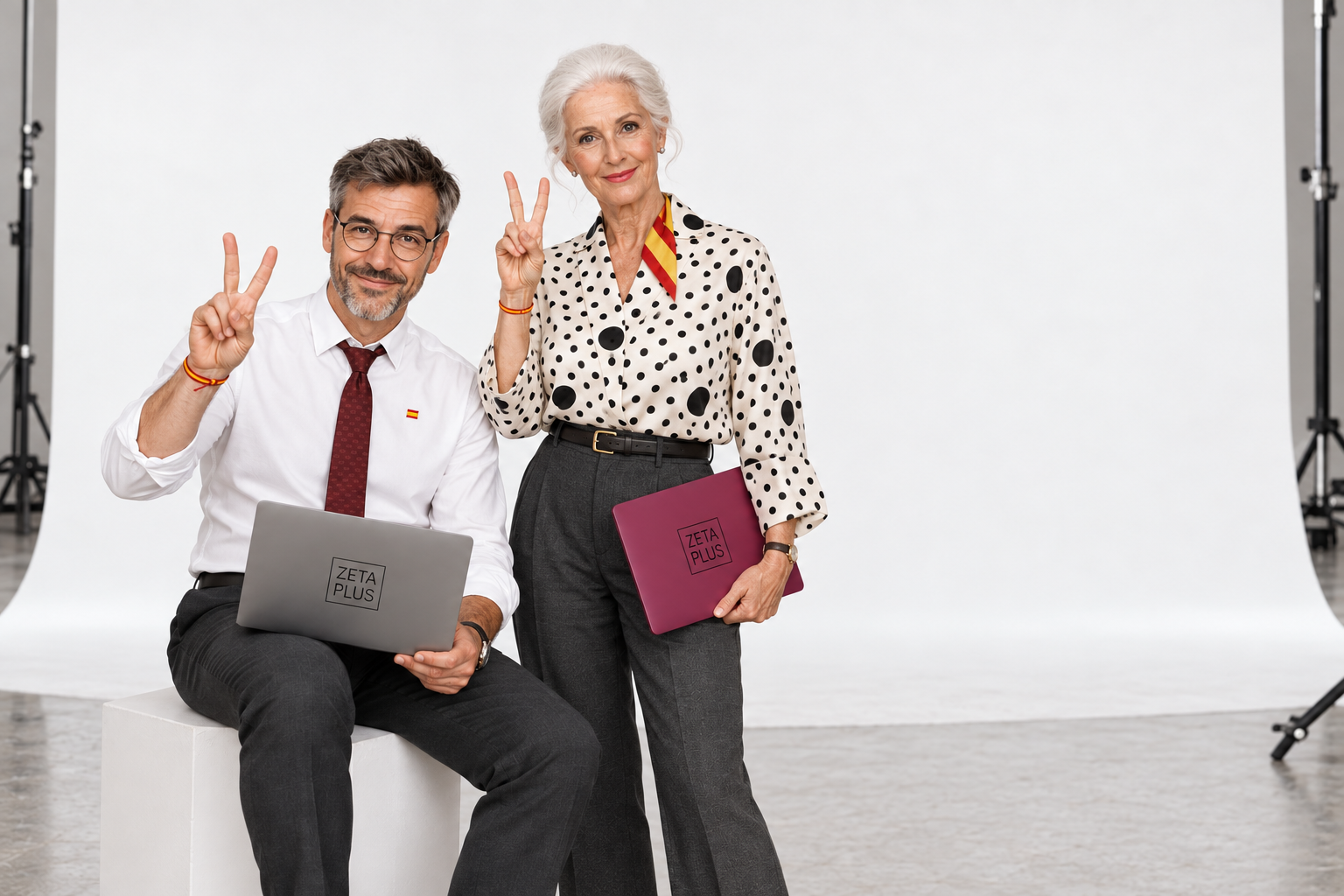 Dos profesionales con ordenadores ZetaPlus en un estudio fotográfico