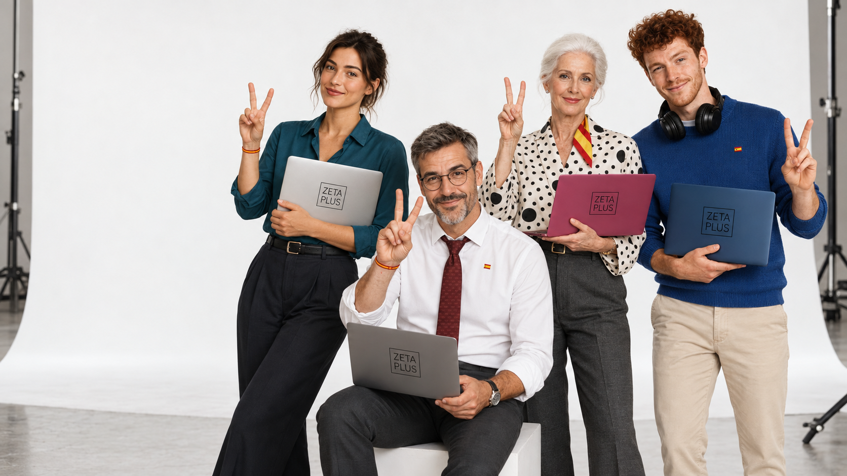 Cuatro profesionales con sus ordenadores en un estudio fotográfico